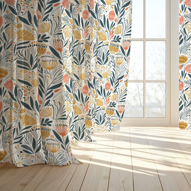 Vibrant Midcentury Modern Coral, Mustard, Navy Sheer Curtains (Creator Uploaded)
