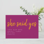 Vibrant Minimalist She Said Yes Pink Orange  Save The Date (Standing Front)