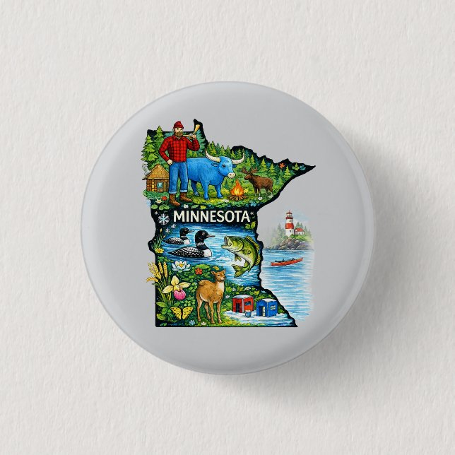 Vibrant Minnesota State Map-Paul Bunyan/Northwoods Button (Front)