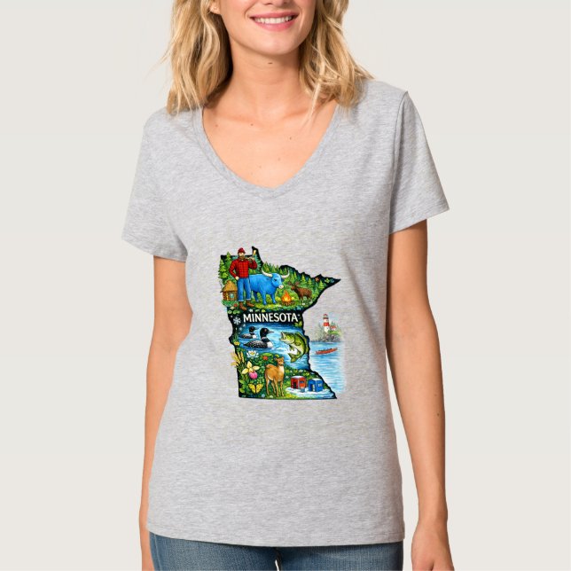 Vibrant Minnesota State Map-Paul Bunyan/Northwoods T-Shirt (Front)