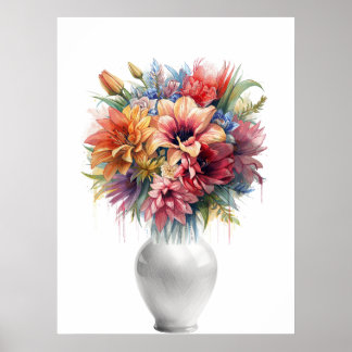 Vibrant Mixed Media Lily Bouquet in Vase Art Poste Poster