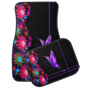 Vibrant Mixxed Flowers w/Purple Butterfly on Black Car Floor Mat