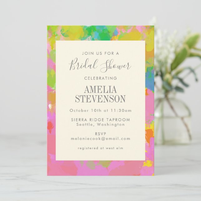 Vibrant Modern Abstract Colorful Bridal Shower Invitation (Standing Front)
