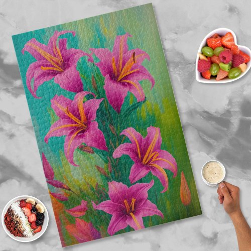 Vibrant Modern Art Pink Lilies Oil Painting Jigsaw Puzzle