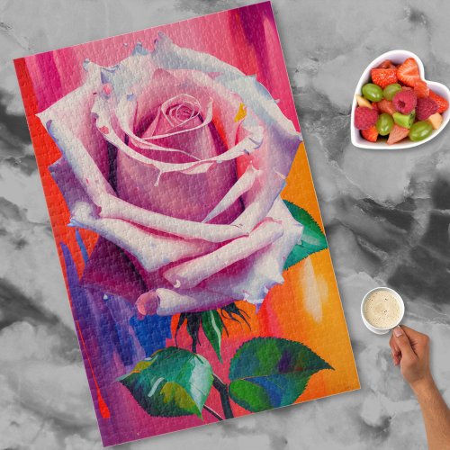 Vibrant Modern Art Pink Rose Oil Painting Jigsaw Puzzle