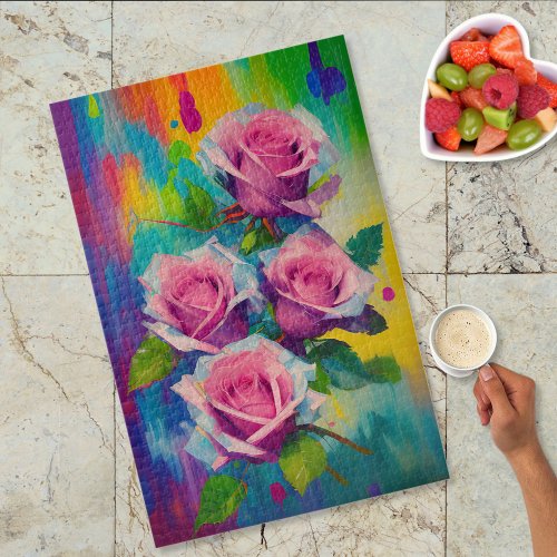 Vibrant Modern Art Pink Roses Bouquet Oil Painting Jigsaw Puzzle