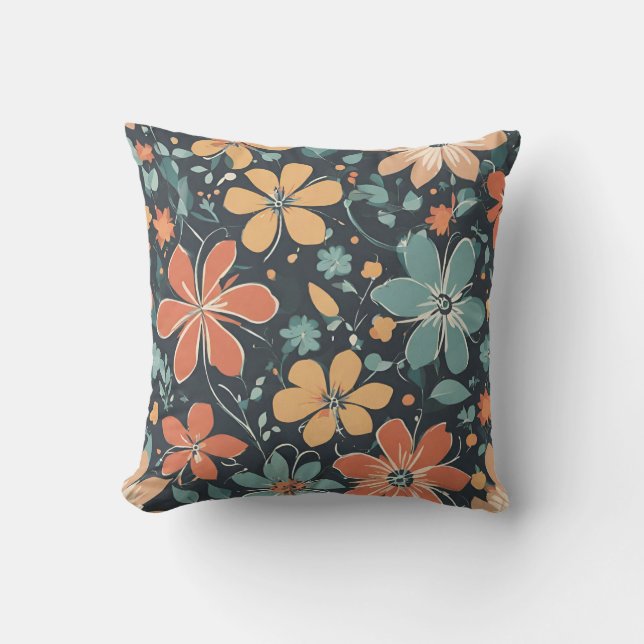 Vibrant Modern Blue, Orange, Yellow Flowers. Retro Throw Pillow (Front)