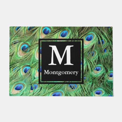 Vibrant Modern Peacock Feathers _ Personalized Doormat