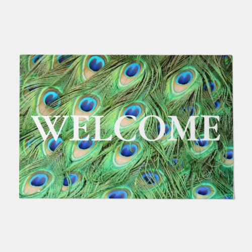 Vibrant Modern Peacock Feathers Welcome Doormat