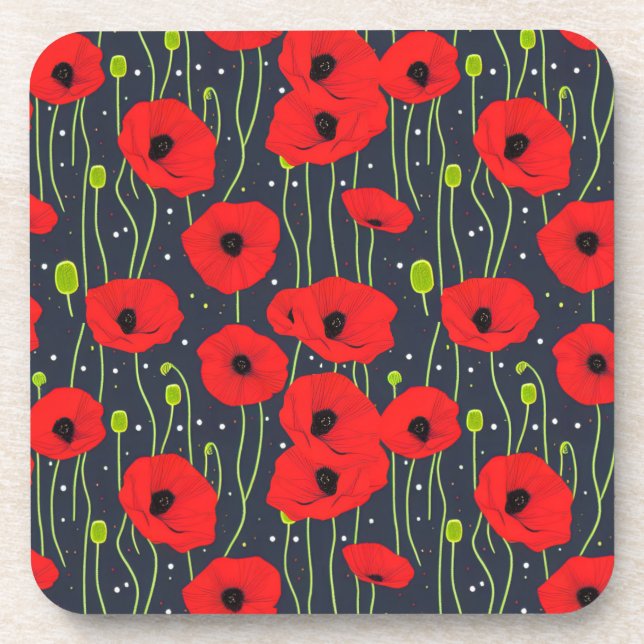 Vibrant Modern Red Poppies Pattern Art Beverage Coaster (Front)
