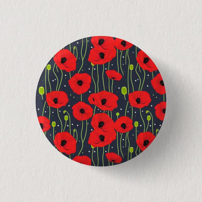 Vibrant Modern Red Poppies Pattern Art Button (Front)