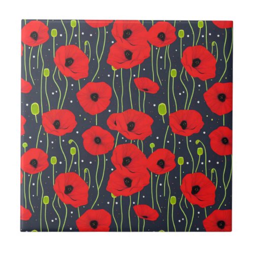 Vibrant Modern Red Poppies Pattern Art Ceramic Tile