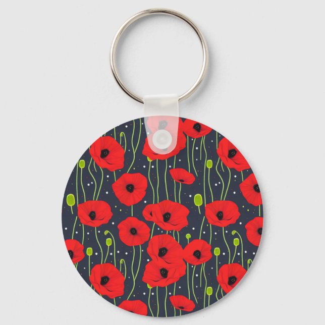 Vibrant Modern Red Poppies Pattern Art Keychain (Front)