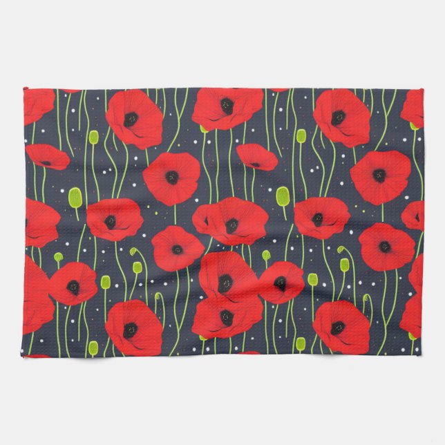 Vibrant Modern Red Poppies Pattern Art Kitchen Towel (Horizontal)