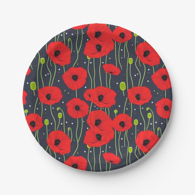 Vibrant Modern Red Poppies Pattern Art Paper Plates (Front)
