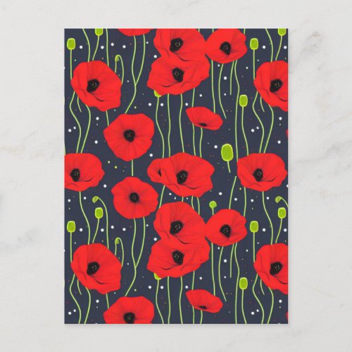 Vibrant Modern Red Poppies Pattern Art Postcard