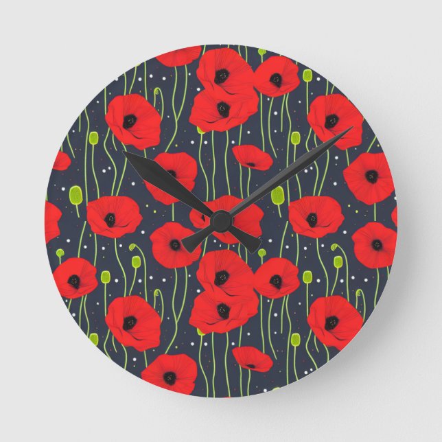 Vibrant Modern Red Poppies Pattern Art Round Clock (Front)
