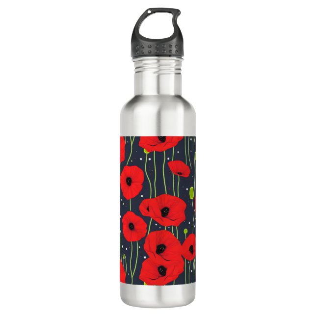 Vibrant Modern Red Poppies Pattern Art Stainless Steel Water Bottle (Front)