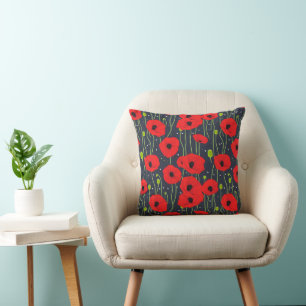 Vibrant Modern Red Poppies Pattern Art Throw Pillow