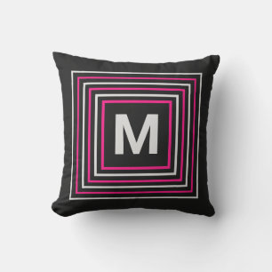 Vibrant Modern Simple Square Monogram Pink & Black Outdoor Pillow