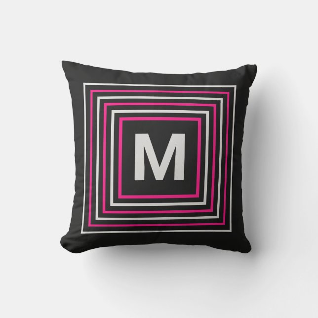 Vibrant Modern Simple Square Monogram Pink & Black Outdoor Pillow (Front)
