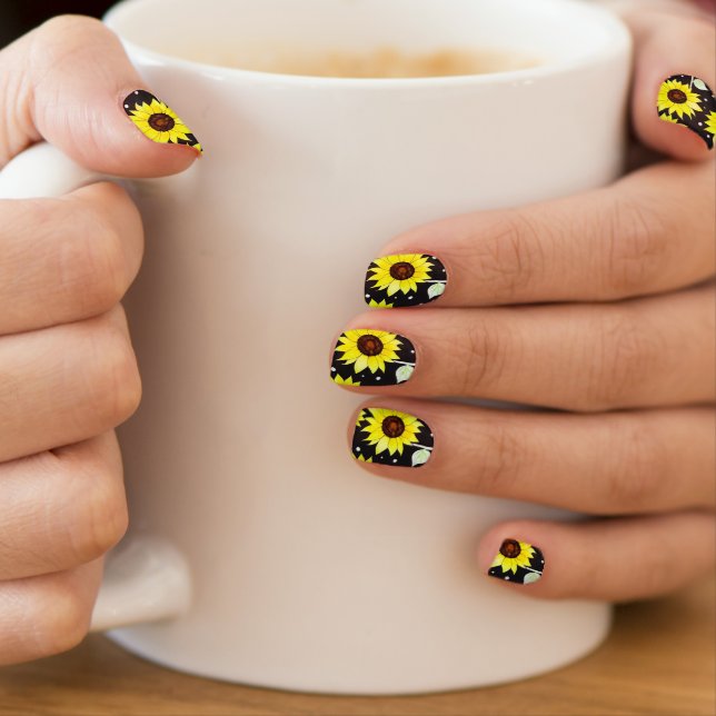 Vibrant Modern Sunflowers White Polka Dots Minx Nail Art (Insitu - Mug)