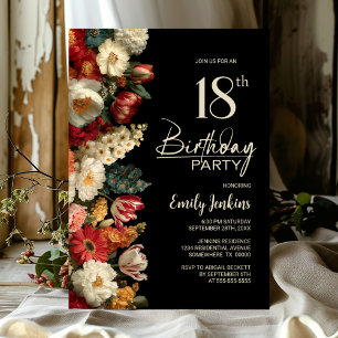 Vibrant Moody Floral Black 18th Birthday Party Invitation