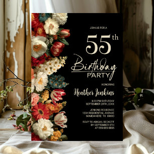 Vibrant Moody Floral Black 55th Birthday Party Invitation