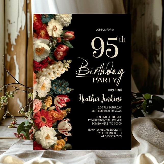 Vibrant Moody Floral Black 95th Birthday Party Invitation (Creator Uploaded)