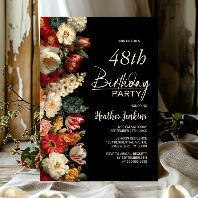 Vibrant Moody Floral Black Any Age Birthday Party Invitation (Creator Uploaded)