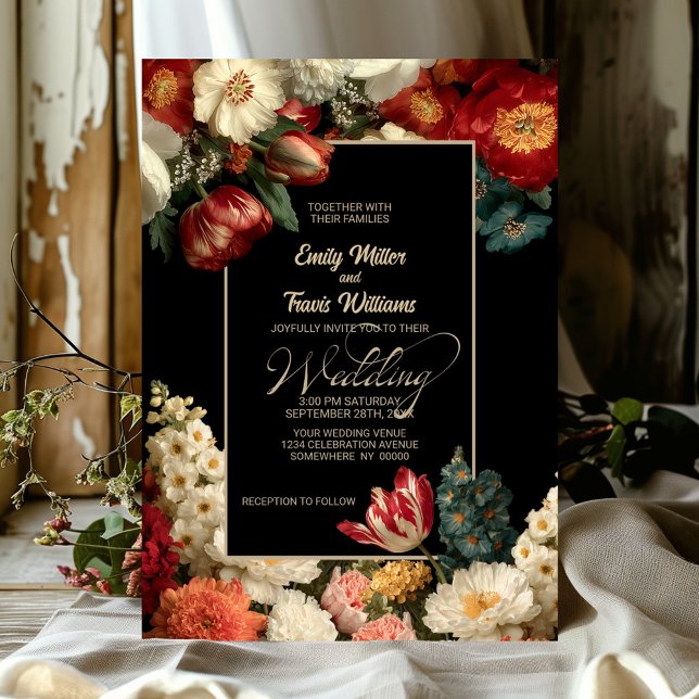 Vibrant Moody Floral Black Wedding Invitation (Creator Uploaded)