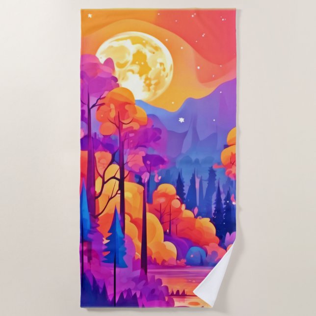 Vibrant Moonlit Forest Beach Towel (Front)