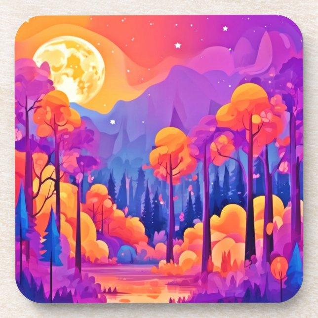 Vibrant Moonlit Forest Beverage Coaster (Front)
