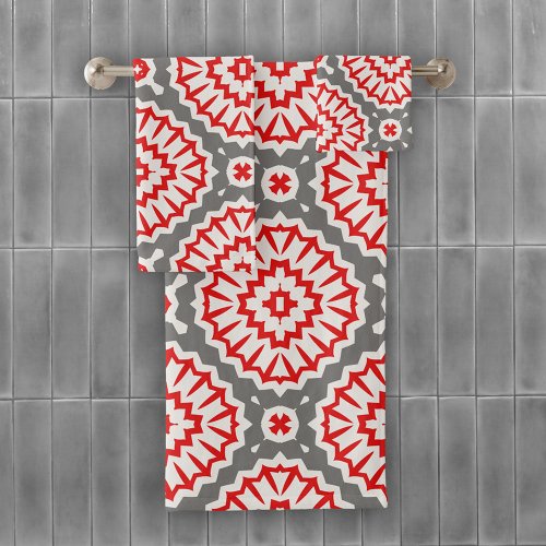 Vibrant Moroccan Ethnic Red White Gray Pattern Bath Towel Set