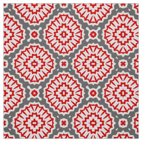 Vibrant Moroccan Ethnic Red White Grey Pattern Fabric