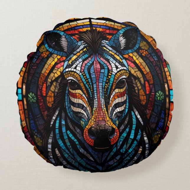 Vibrant Mosaic Zebra Round Pillow (Front)