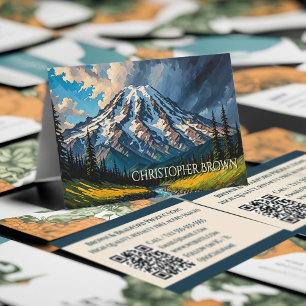 Vibrant Mount Rainier Landscape Clouds Trees QR Business Card