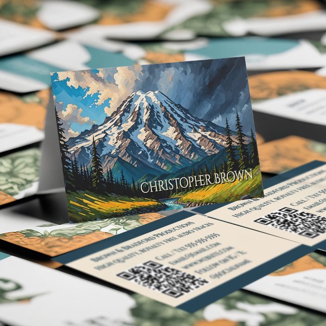 Vibrant Mount Rainier Landscape Clouds Trees QR Business Card (Mount Rainier business cards, beautiful Pacific Northwest mountain landscape of Washington state.)