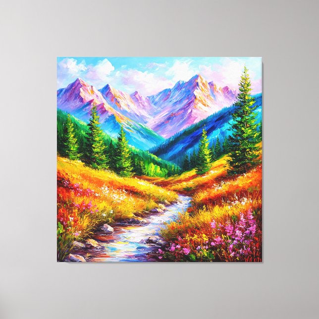 Vibrant Mountain Landscape with Stream, Wildflower Canvas Print (Front)