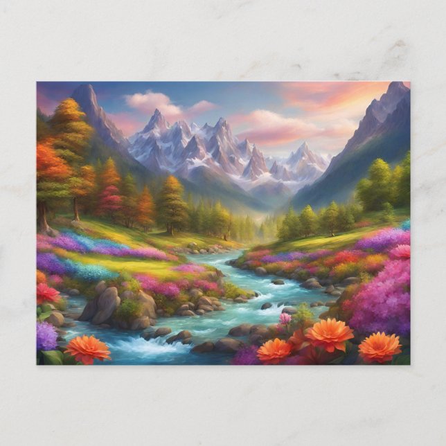 Vibrant Mountain River Landscape Illustration  Postcard (Front)