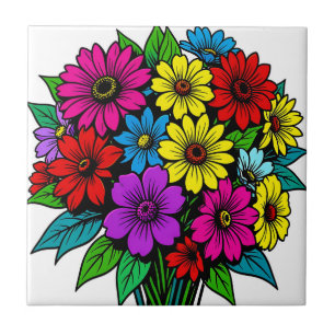 Vibrant Multi-Color Floral Bouquet  Ceramic Tile