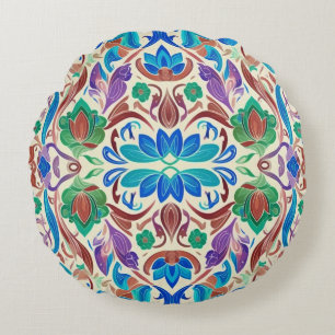 Vibrant multicolor floral fabric pattern design round pillow