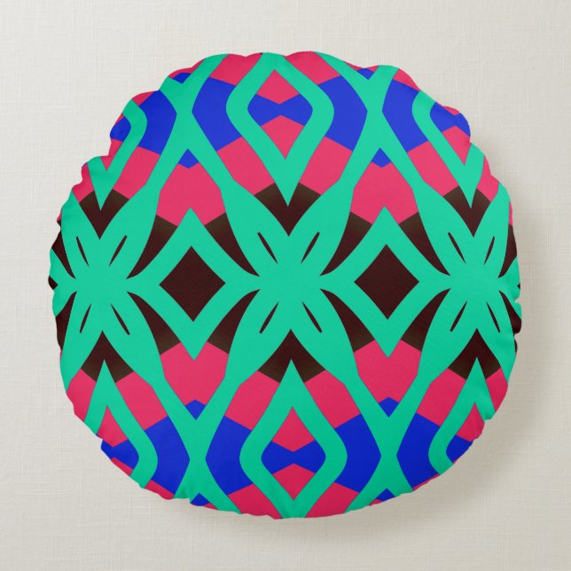 Vibrant multicolor geometric fabric pattern design round pillow (Front)