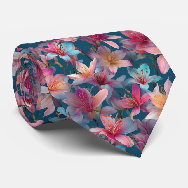 Vibrant Multicolor Lily Floral Pattern Neck Tie (Rolled)