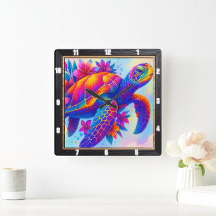 Vibrant Multicolor Turtle Ocean  Square Wall Clock