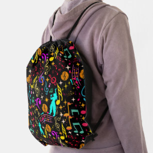 Vibrant music notes black drawstring bag
