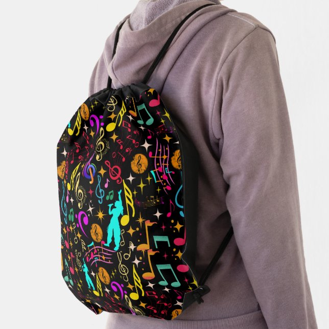 Vibrant music notes black drawstring bag (Insitu)