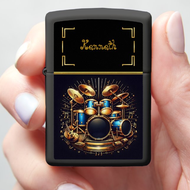 Vibrant Music Scene in Blue & Gold Zippo Lighter (In Hand)