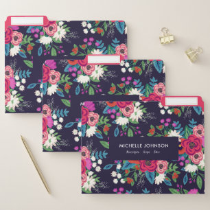 Vibrant Navy Blue Boho Floral Patterns File Folder