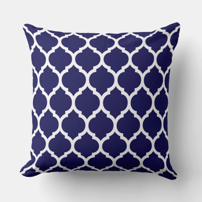 Vibrant Navy Blue Moroccan Quatrefoil Pattern Throw Pillow (Front)
